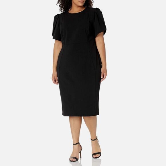 Calvin Klein Sheath Dress Womens 20W Blue Knit Tulip Sleeve Plus Size NEW - Picture 1 of 13